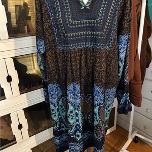Elegant Blue and Brown Patterned 2xl  Dress